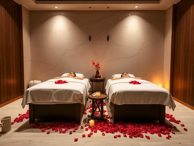 Romantic couples massage suite with rose petals at luxury spa in Gulshan