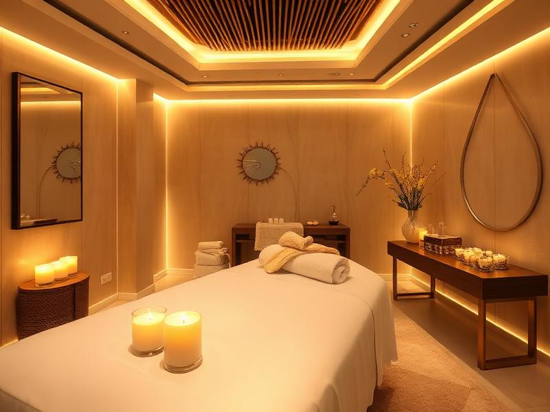 Luxury spa treatment room at Meditative Spa in Dhaka with warm ambient lighting and candles
